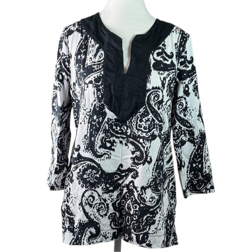 Lauren Ralph Lauren Paisley Tunic Top L Black Boho Split Neck Cotton Careercore
